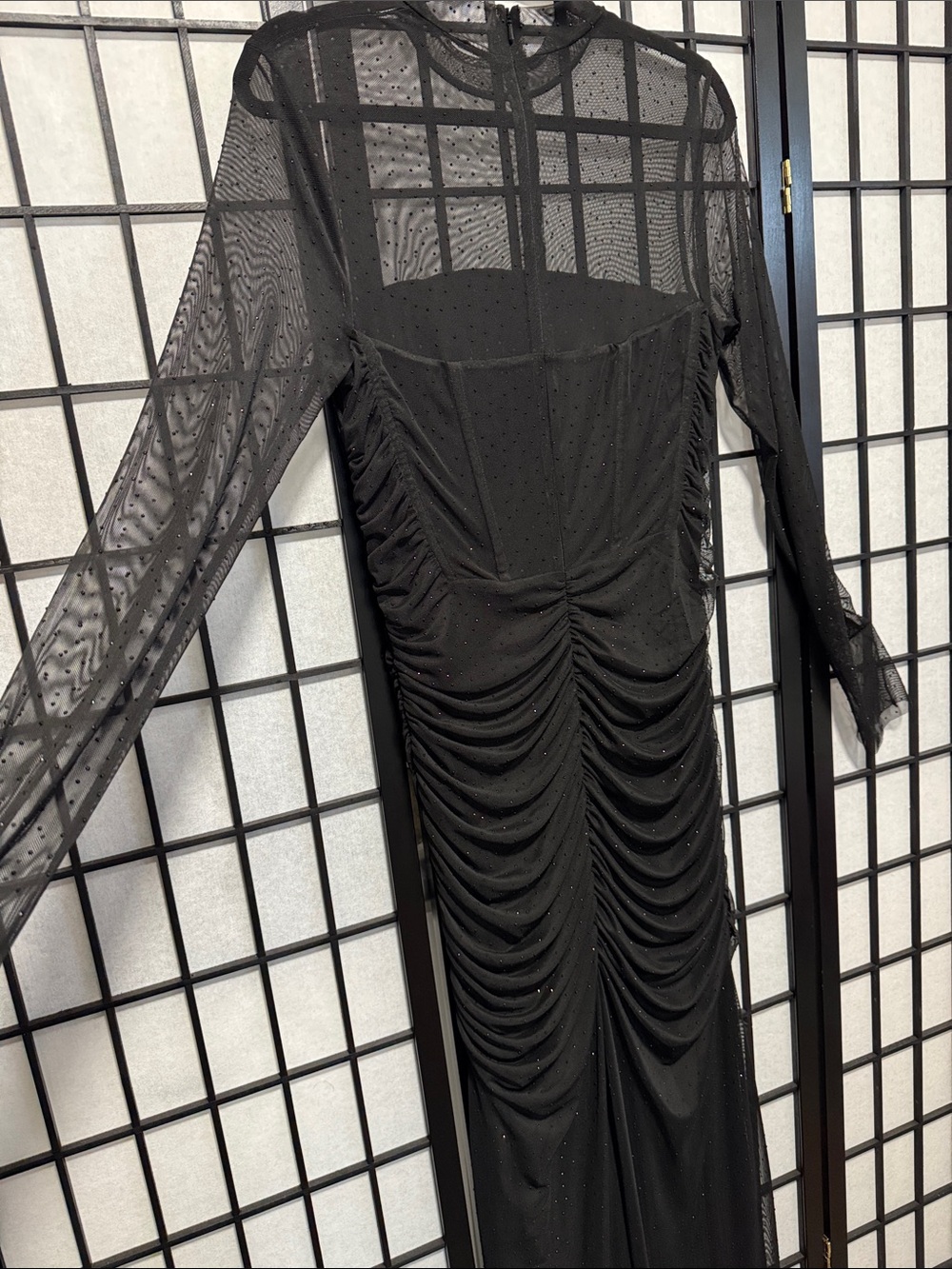 Black Halo Lexington Sheer Rhinestone Ruched Gown Size 12 - Picture 14 of 16